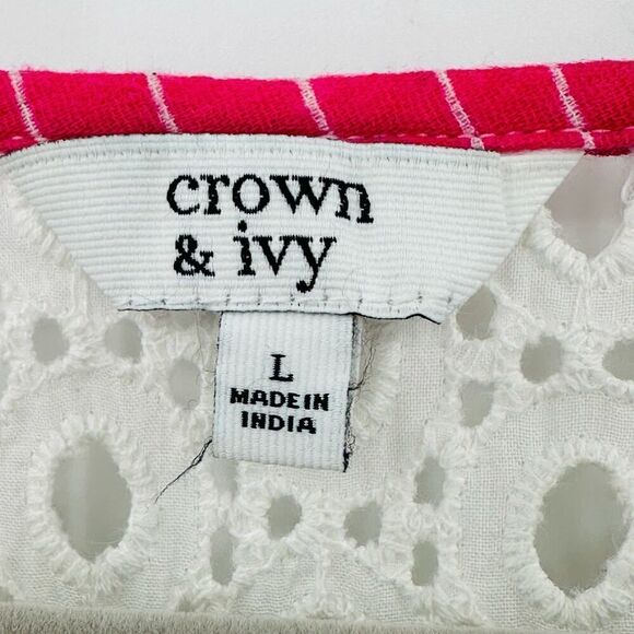 Crown & Ivy Gauzy Pink Lime Green Boho Tunic Top Eyelet Trim Womens Large Flowy - Picture 5 of 8